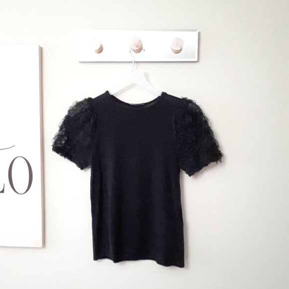 EUC Zara black tulle accented statement sleeve knit-like sweater top, S - Picture 8 of 13